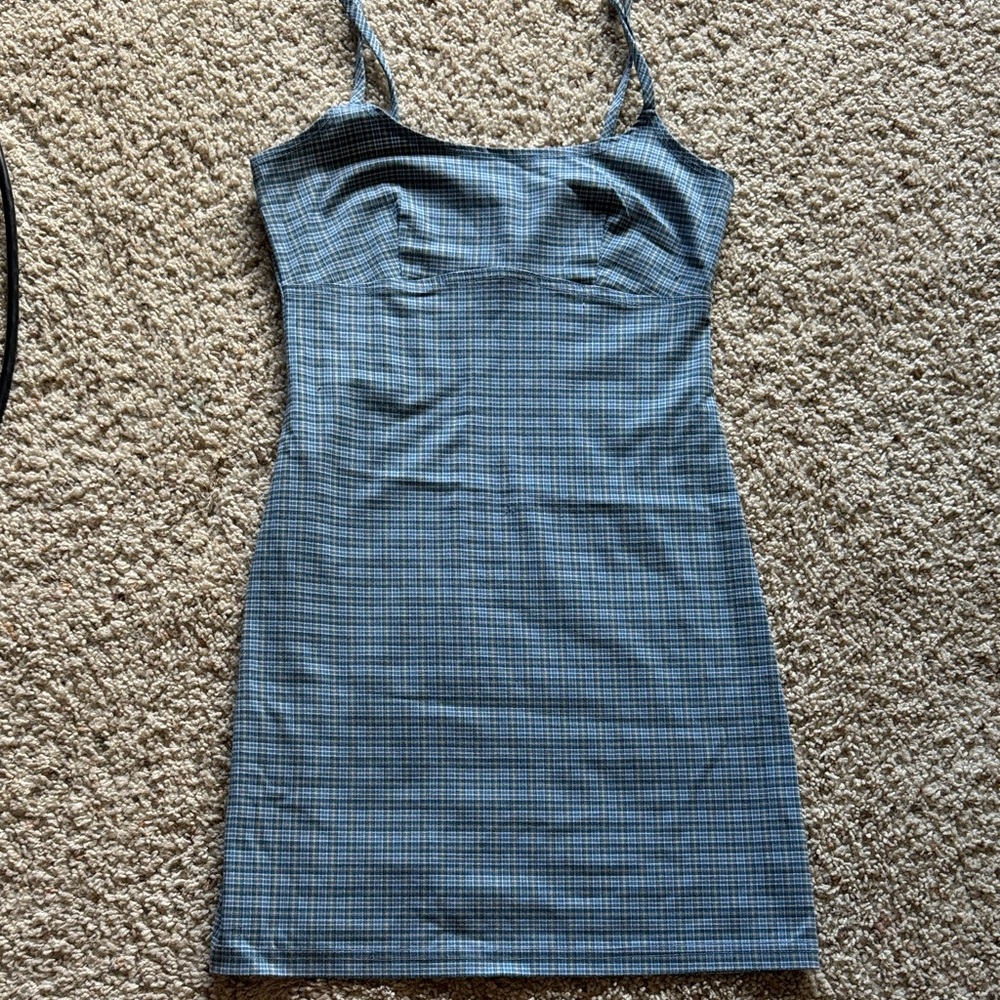 Source Unknown Blue Plaid Mini Dress with Spaghetti Straps